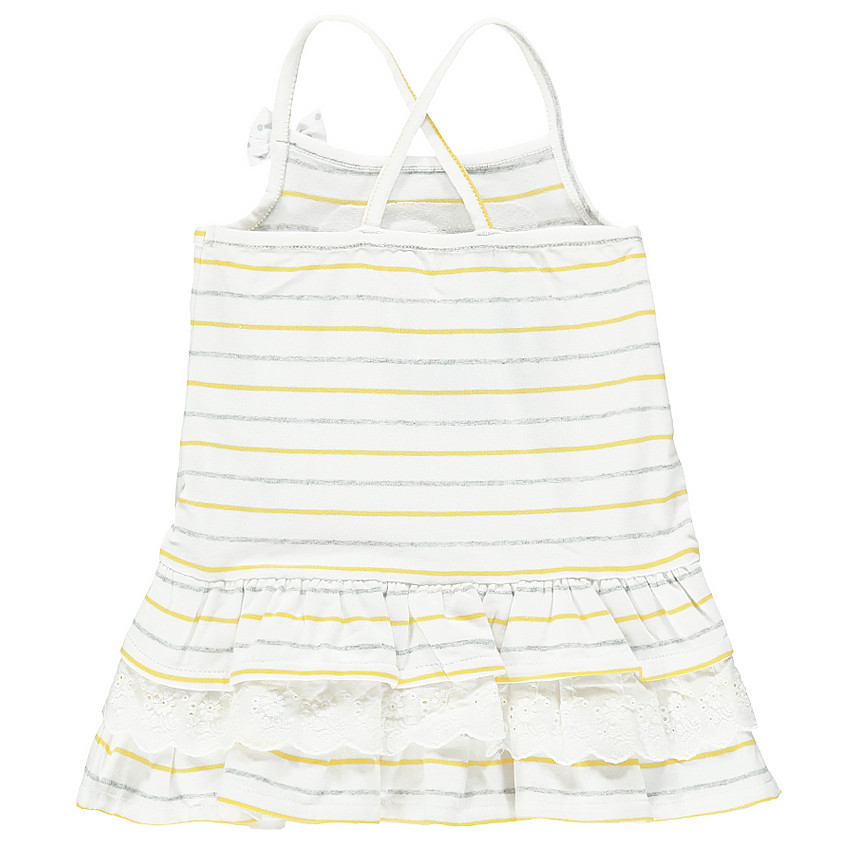 Ριγέ φόρεμα με βολάν και απλικέ πάπια 