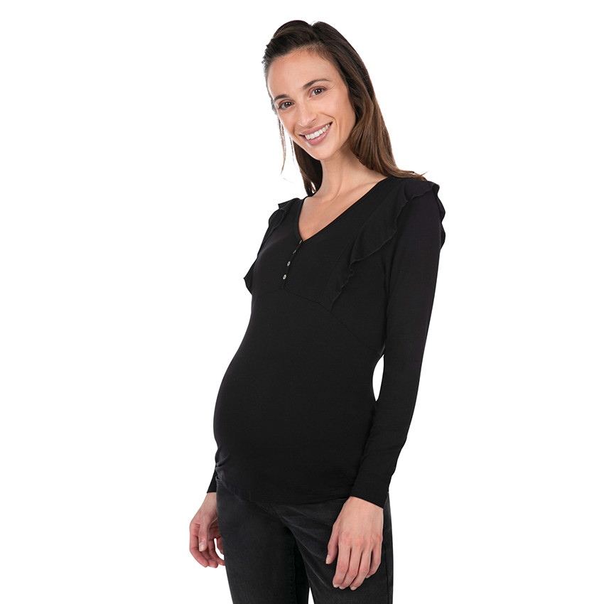 Μακρυμάνικη μπλούζα εγκυμοσύνης με βολάν και λαιμόκοψη με κουμπιά 