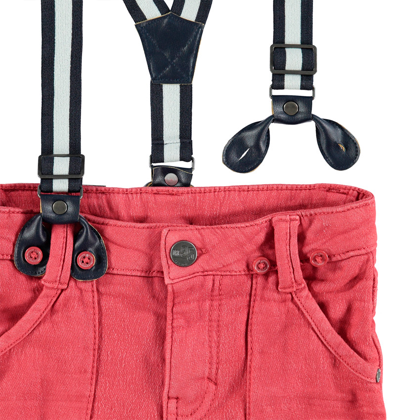 Υφασμάτινο κόκκινο παντελόνι με used όψη και ελαστικές αφαιρούμενες τιράντες 