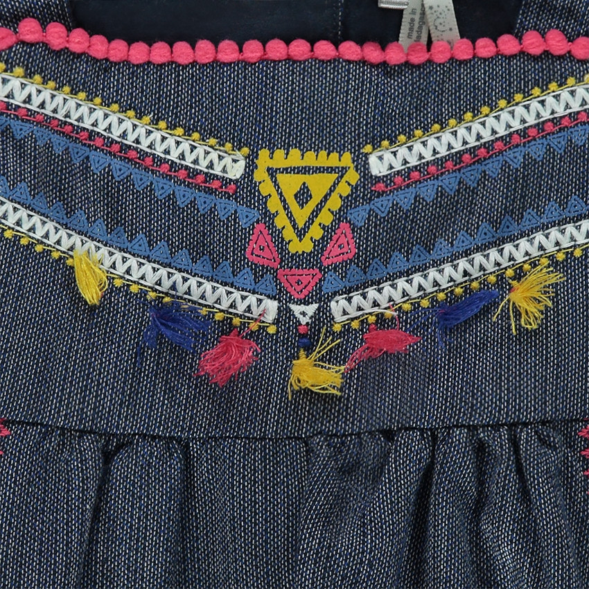 Βαμβακερό φόρεμα με κεντήματα και χρωματιστές φουντίτσες 