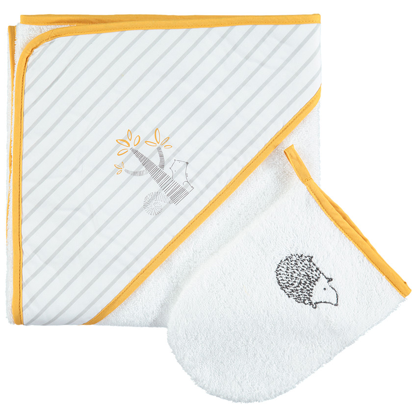 Σετ μπάνιου με μπουρνούζι με κουκούλα ριγέ και γάντι με κεντημένο σκαντζόχοιρο 