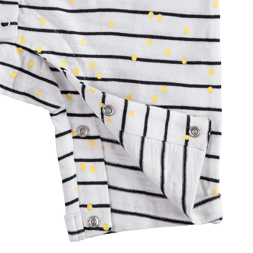 Κοντό ολόσωμο φορμάκι με ρίγες και πουά, απλικέ λεμόνι και φιόγκο στην πλάτη 