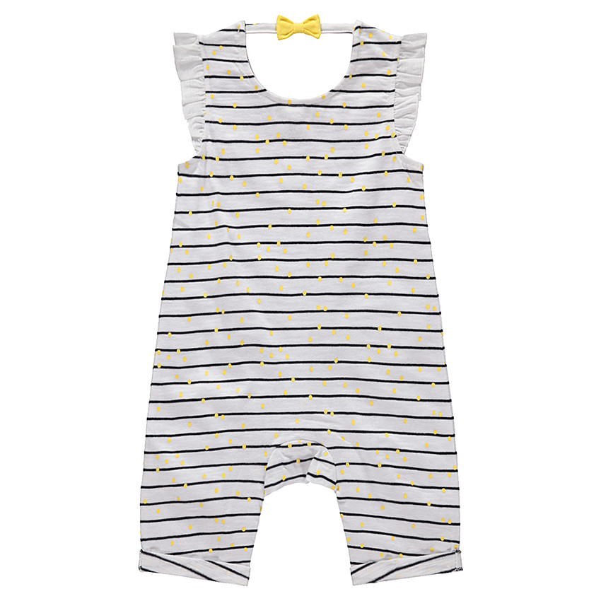 Κοντό ολόσωμο φορμάκι με ρίγες και πουά, απλικέ λεμόνι και φιόγκο στην πλάτη 