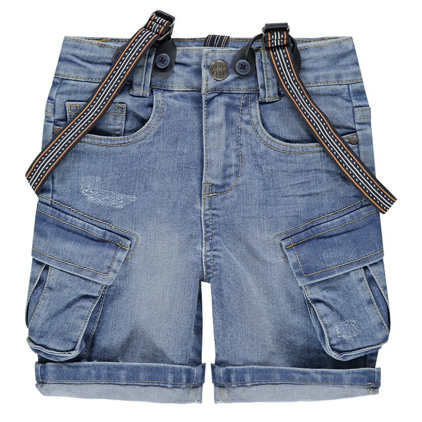 Τζιν βερμούδα με used όψη, τσέπες και αφαιρούμενες τιράντες 