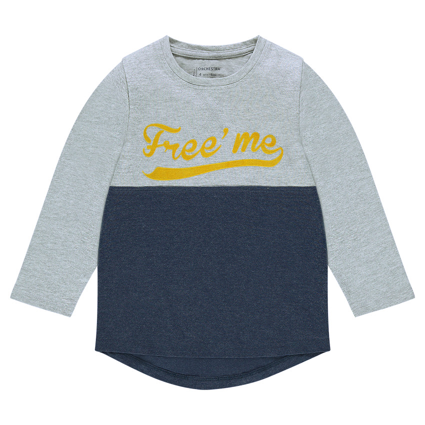 Δίχρωμη μακρυμάνικη μπλούζα με φαντεζί στάμπα 