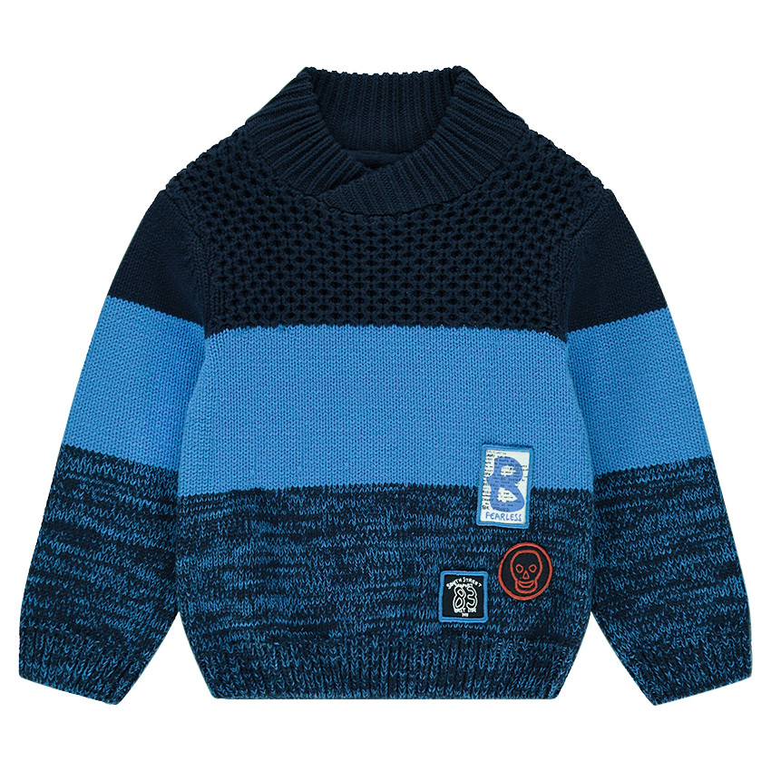 Πλεκτό πουλόβερ με λωρίδες σε αντίθεση και απλικέ σήματα 