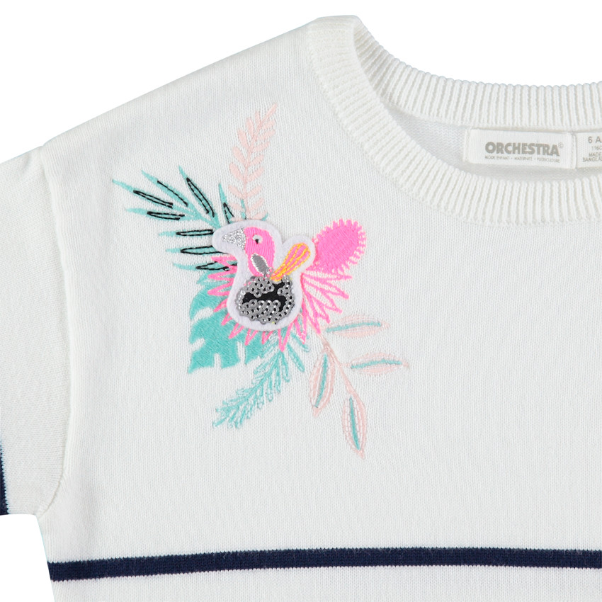 Πλεκτό πουλόβερ ριγέ με χρωματιστό κέντημα και σήμα από πούλιες 