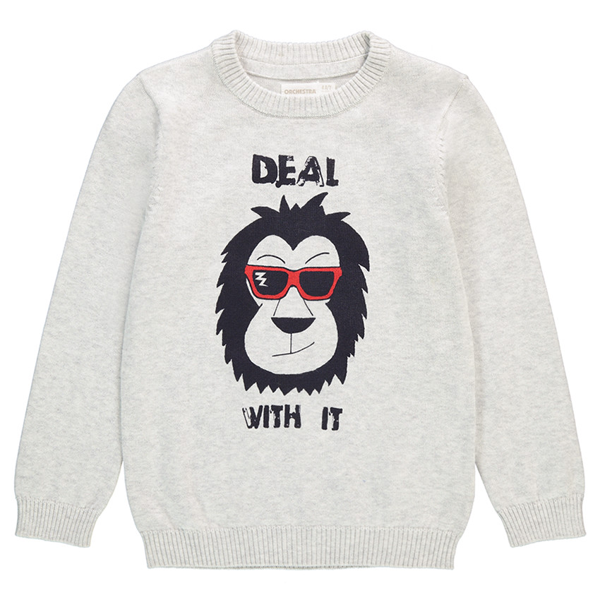 Πλεκτό μονόχρωμο πουλόβερ με τυπωμένο ζωάκι μπροστά 