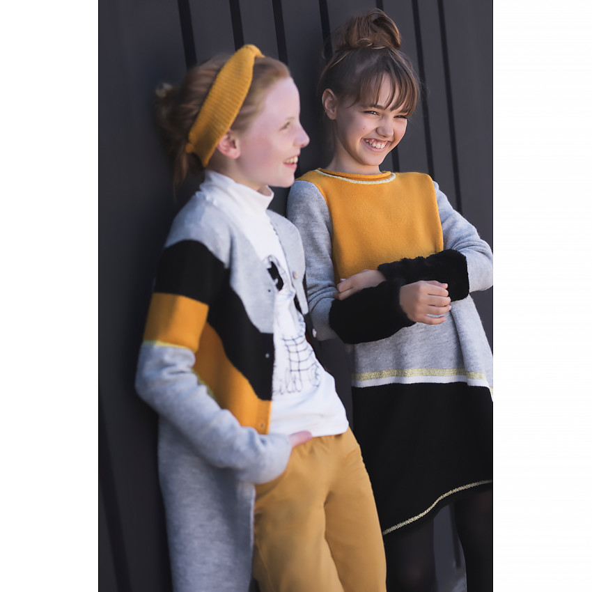 Παιδικά - Μακριά πλεκτή ζακέτα με μελανζέ όψη και λωρίδες σε αντίθεση 