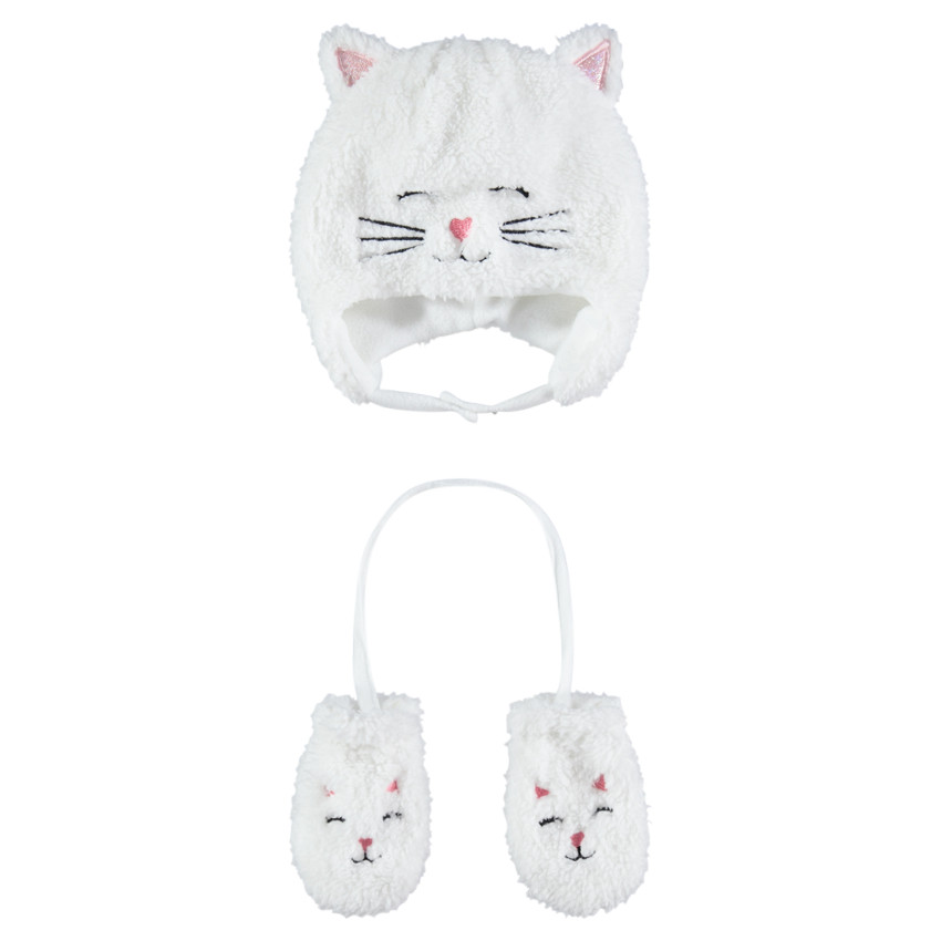 Σύνολο με σκούφο και ενιαία γάντια σε σχήμα γάτας από sherpa με επένδυση μικροφλίς 