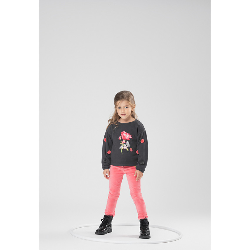 Sweat en molleton forme boîte avec pompons et fleurs brodées 
