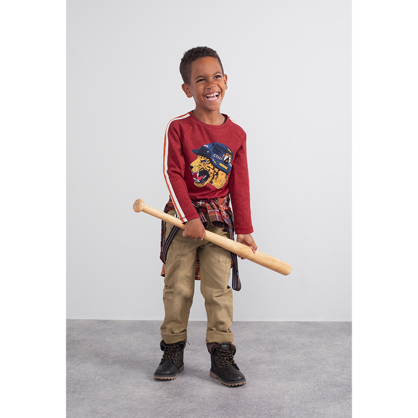 Βαμβακερό παντελόνι νηματοβαφή με μόνιμες τσακίσεις και αφαιρούμενες ριγέ τιράντες 