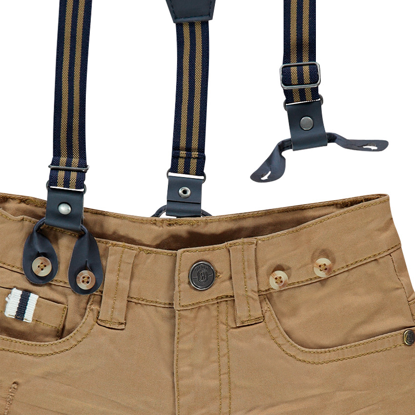 Βαμβακερό παντελόνι νηματοβαφή με μόνιμες τσακίσεις και αφαιρούμενες ριγέ τιράντες 