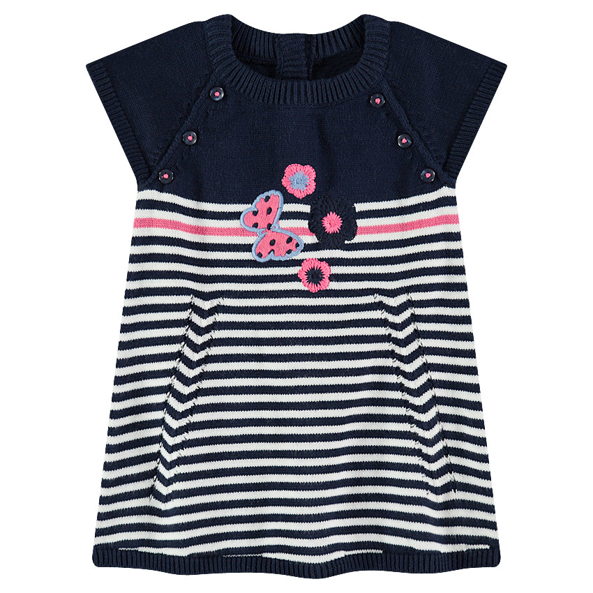 Πλεκτό κοντομάνικο φόρεμα με ζακάρ ρίγες και κεντήματα 