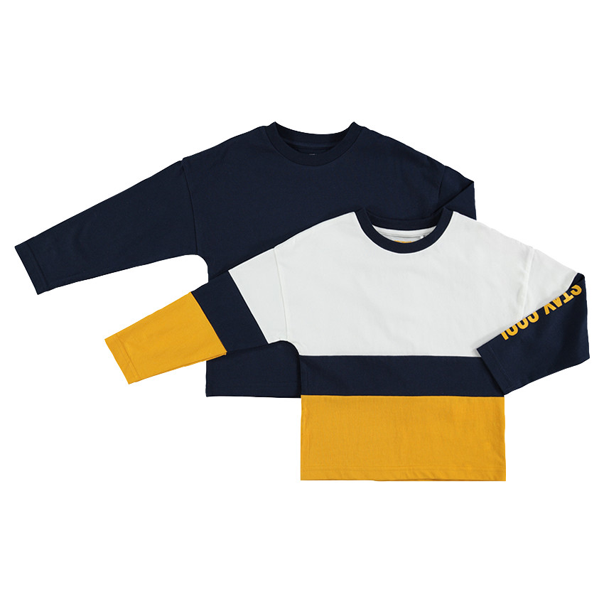 Παιδικά - Σετ με 2 ασορτί μακρυμάνικες μπλούζες, μία μονόχρωμη / μία με λωρίδες σε αντίθεση 