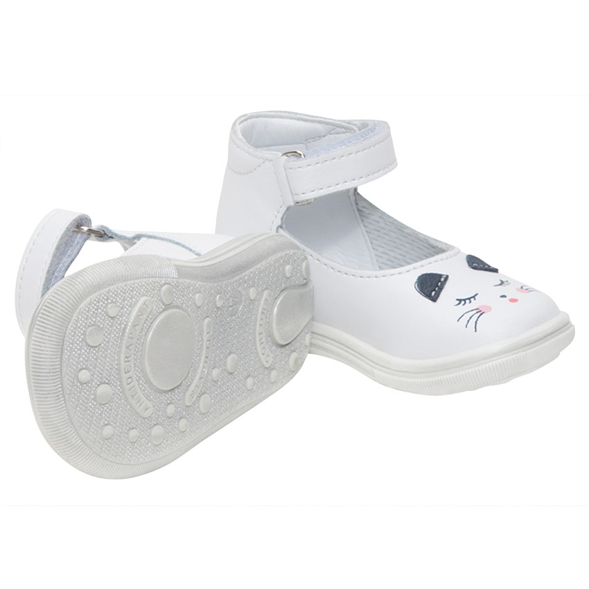 Δερμάτινα παπουτσάκια με στάμπα γάτα, λουράκι και αυτοκόλλητο βέλκρο 