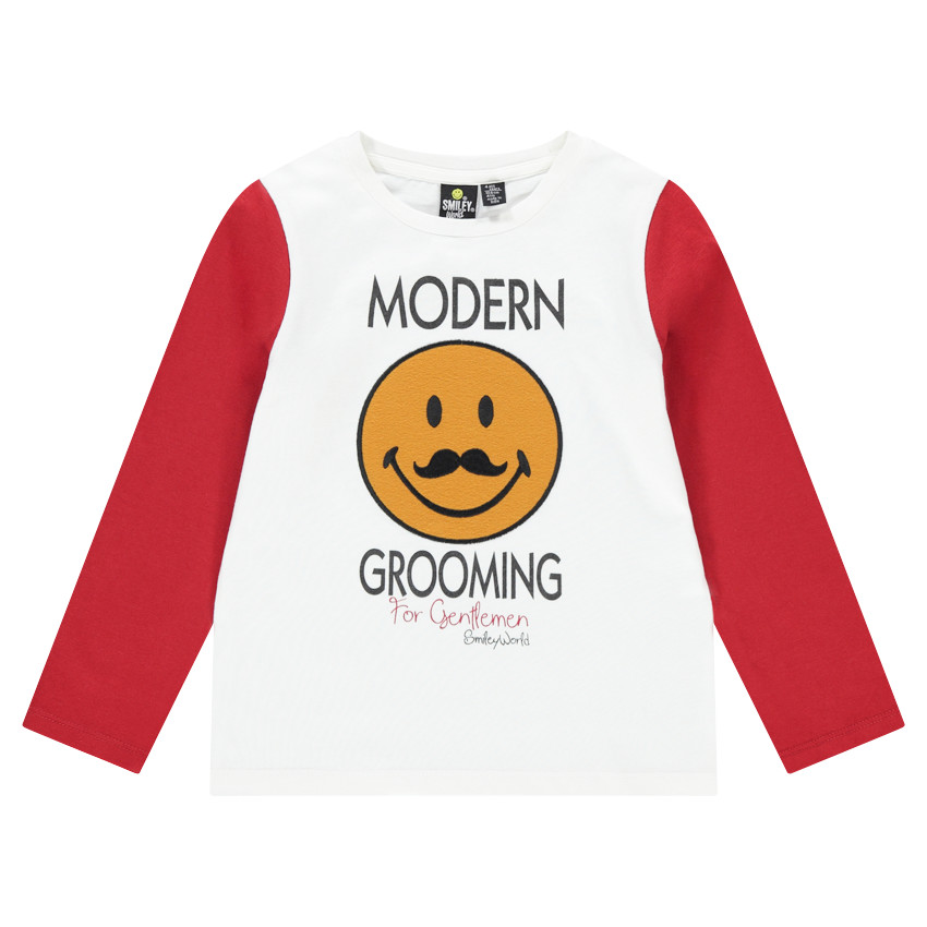 Μακρυμάνικη δίχρωμη μπλούζα από ζέρσεϊ με μοτίβο ©Smiley από τσόχα 