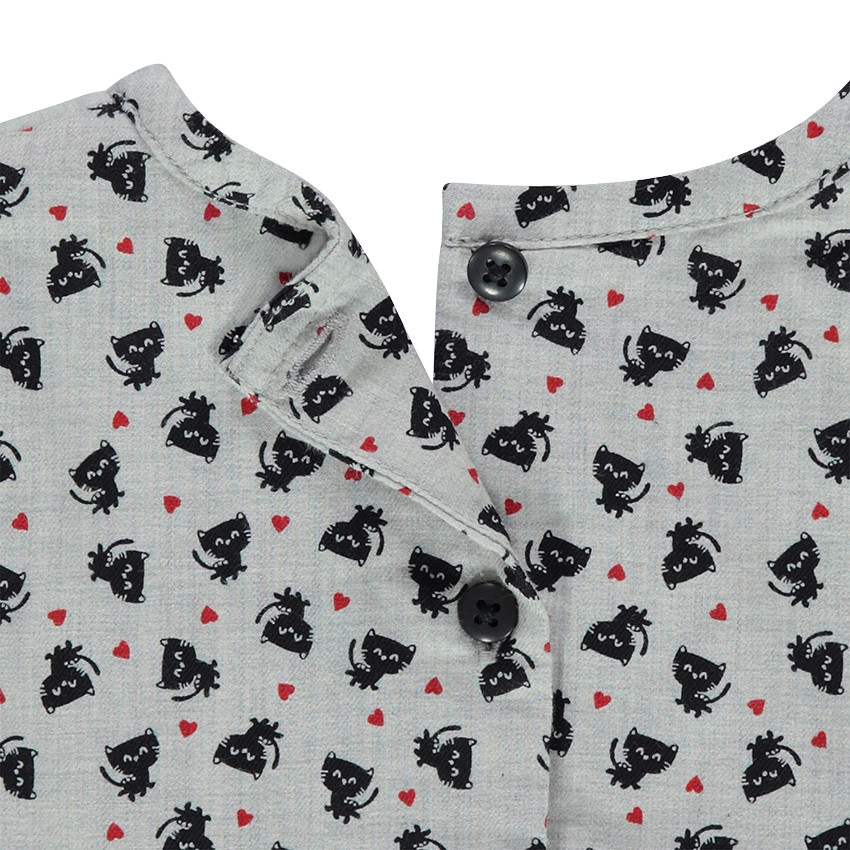 Μακρυμάνικο εμπριμέ φόρεμα με μοτίβο γάτες και βελούδινο φιογκάκι 