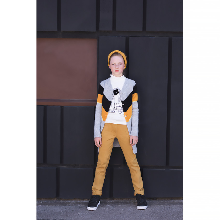 Παιδικά - Μακριά πλεκτή ζακέτα με μελανζέ όψη και λωρίδες σε αντίθεση 