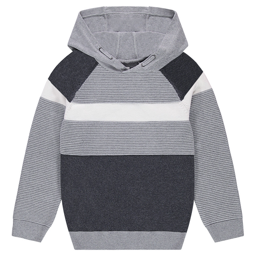 Παιδικά - Πλεκτό σε φαντεζί πλέξη με κουκούλα και λωρίδες σε αντίθεση 