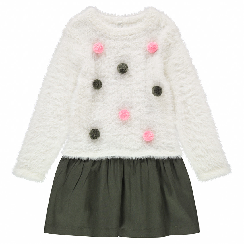 Δίχρωμο φόρεμα από δύο υλικά με χρωματιστές φουντίτσες 