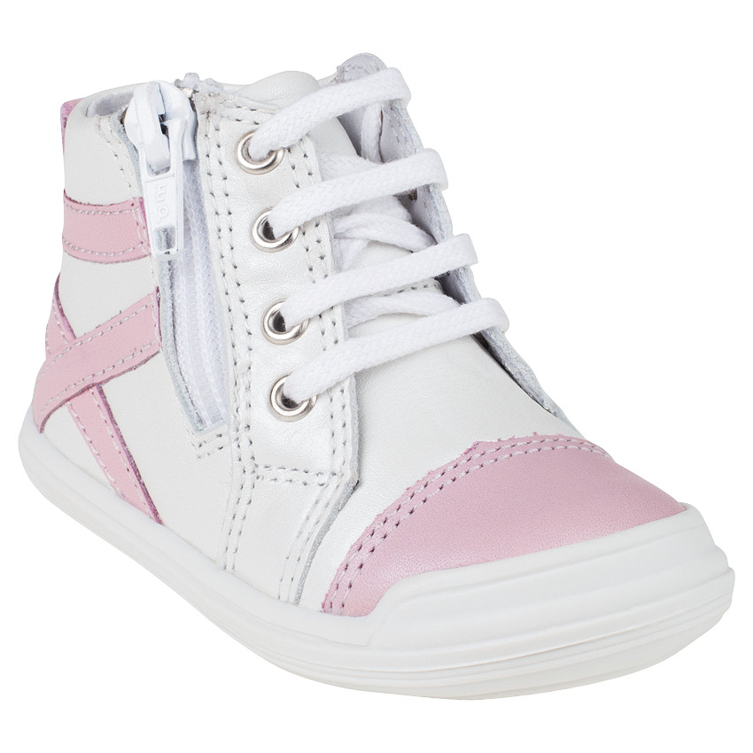 Bottillons en cuir coloris blanc et rose avec zip et lacets 