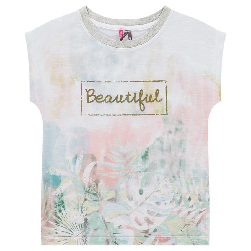 Παιδικά - Κοντομάνικη μπλούζα σε τετράγωνη γραμμή με στάμπα φλοράλ σε όλη την επιφάνεια 