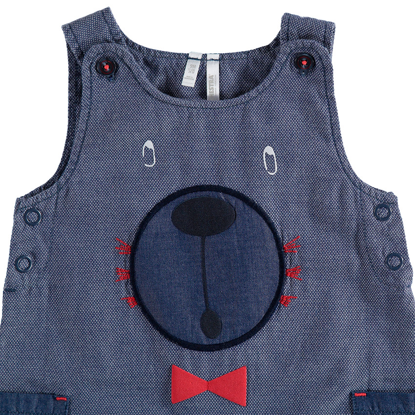 Κοντό ολόσωμο φορμάκι με κεντημένο αρκουδάκι και σαμπρέ τσέπες 