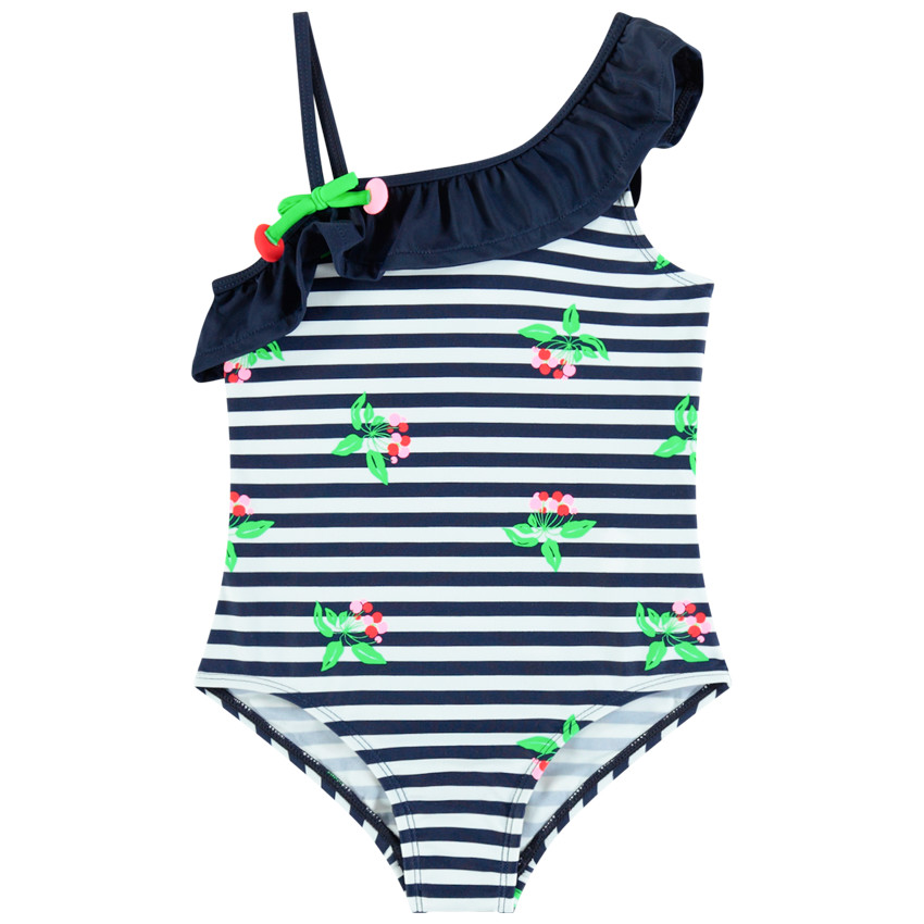 Maillot de bain 1 pièce volanté à rayures et fleurs all-over 