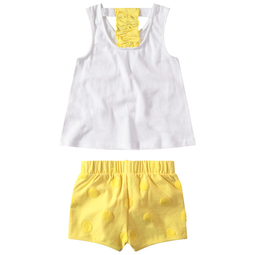 Σύνολο αμάνικη ζέρσεϊ μπλούζα με τυπωμένο μήνυμα και κίτρινη βερμούδα με πουά 