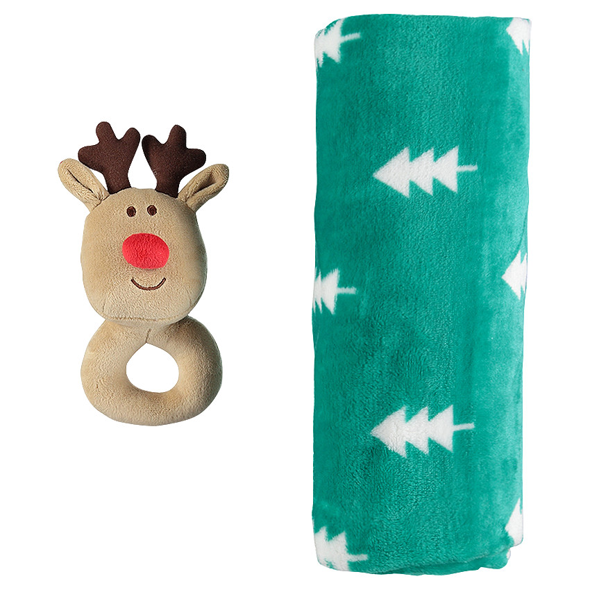 Ensemble couverture sherpa motif sapins et hochet renne  