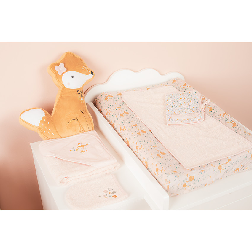 Set de bain en éponge avec renards printés sur la capuche et gant uni 