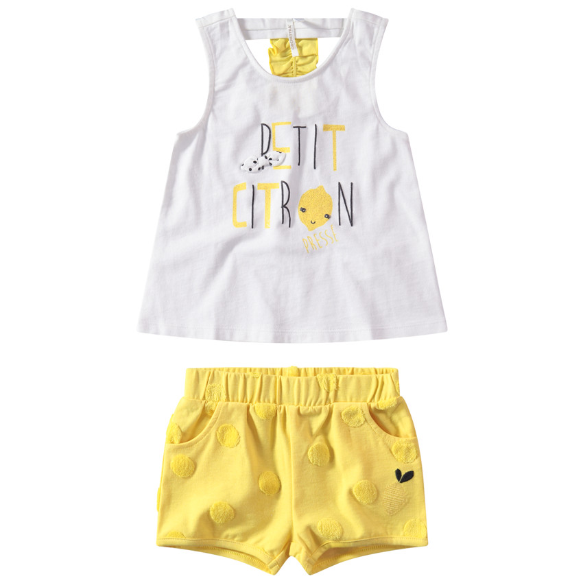 Σύνολο αμάνικη ζέρσεϊ μπλούζα με τυπωμένο μήνυμα και κίτρινη βερμούδα με πουά 