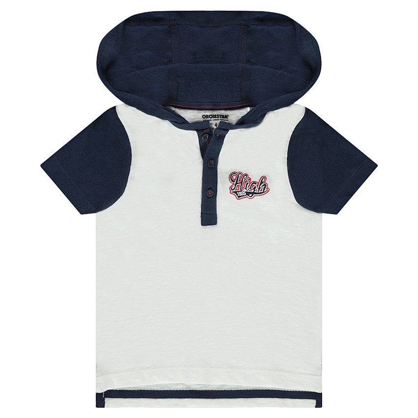 Κοντομάνικο πόλο με κουκούλα και κεντημένη φράση 