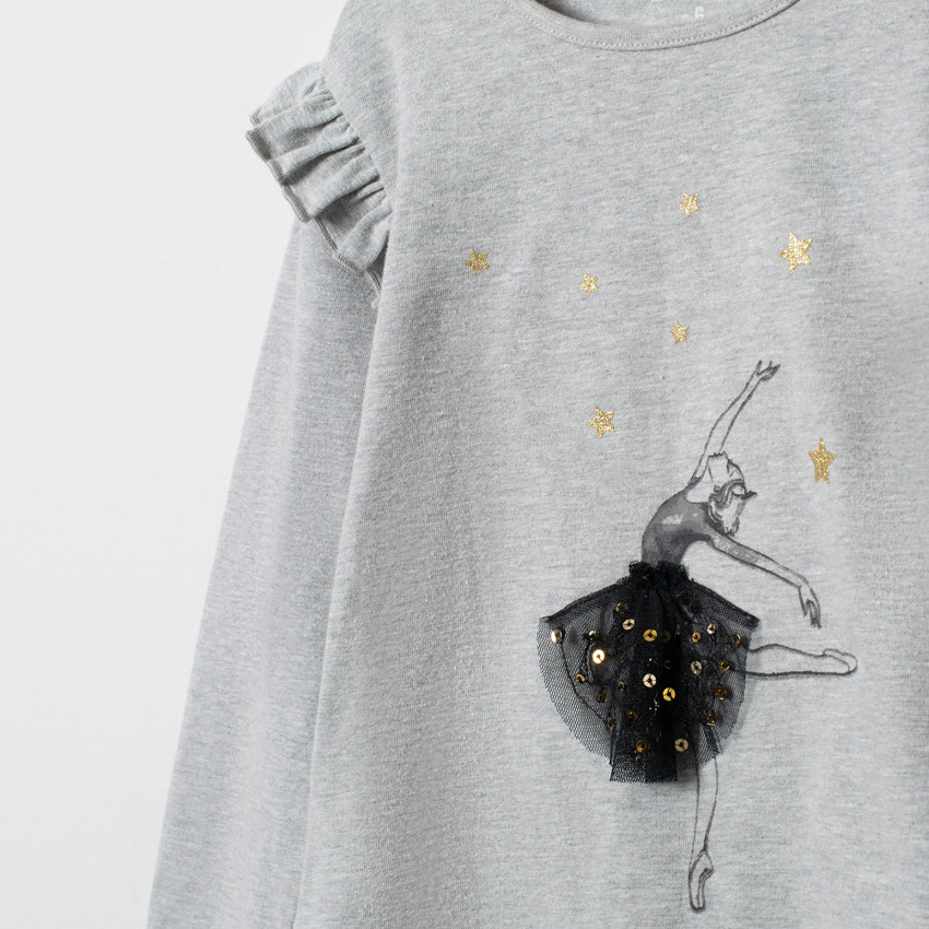 T-shirt manches longues print danseuse étoile et détails dorés 