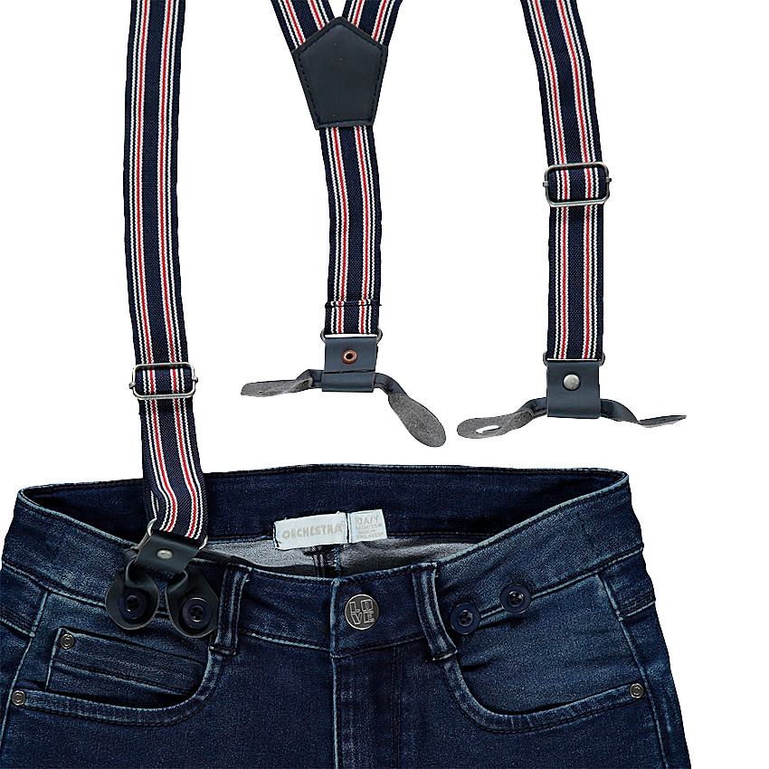 Παιδικά - Τζιν με φθαρμένη όψη, αφαιρούμενες ριγές τιράντες και σήματα 