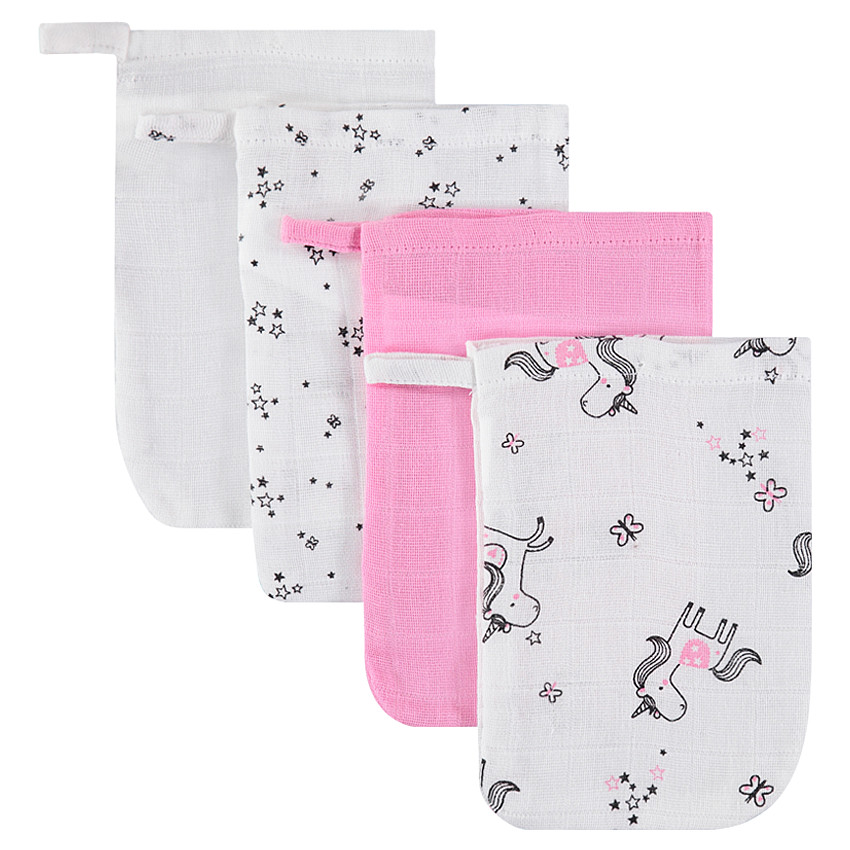 Σετ 4 βαμβακερά γάντια μπάνιου τετράγωνης ύφανσης με φαντεζί σχέδια 