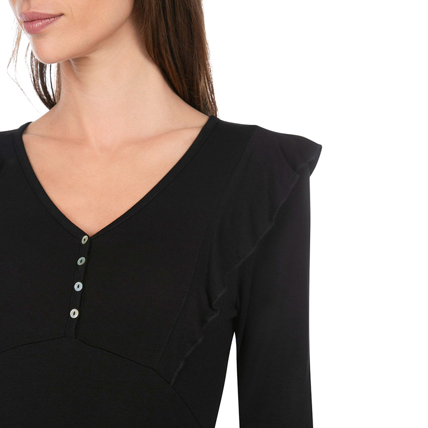 Μακρυμάνικη μπλούζα εγκυμοσύνης με βολάν και λαιμόκοψη με κουμπιά 