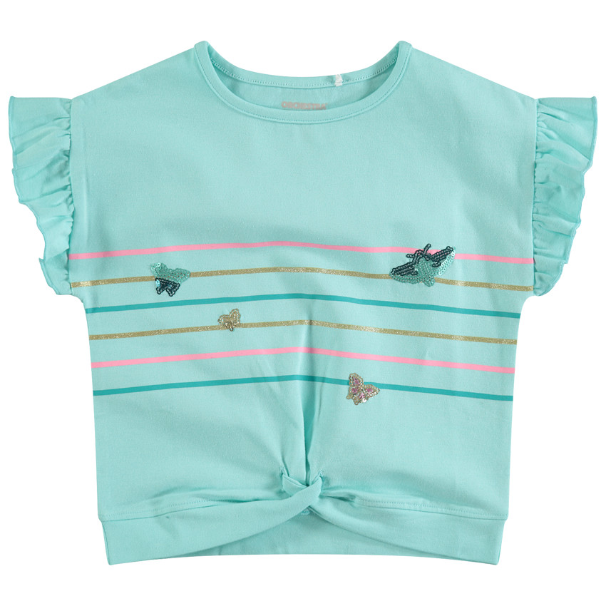 Κοντομάνικη μπλούζα με βολάν και ρίγες με πεταλούδες από πούλιες 