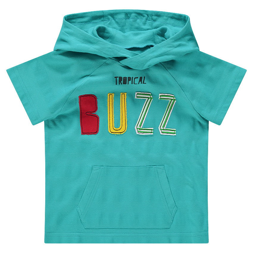 Κοντομάνικη μπλούζα με κουκούλα, απλικέ φράση και τσέπη 