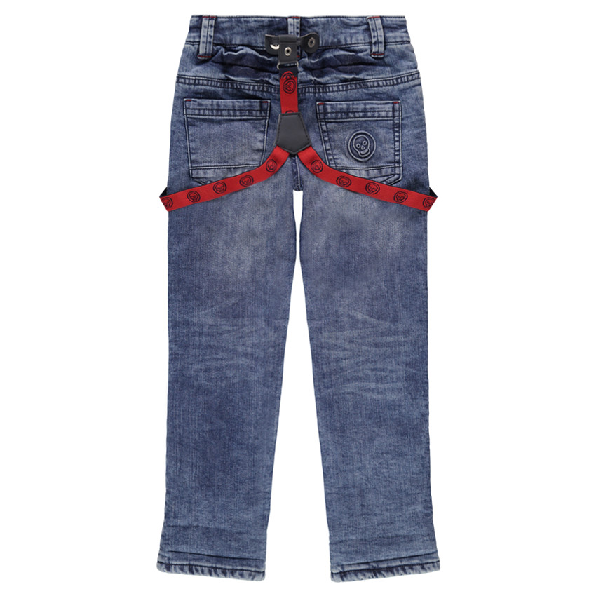 Τζιν με used όψη, επένδυση με καρό φανέλα και αφαιρούμενες τιράντες 