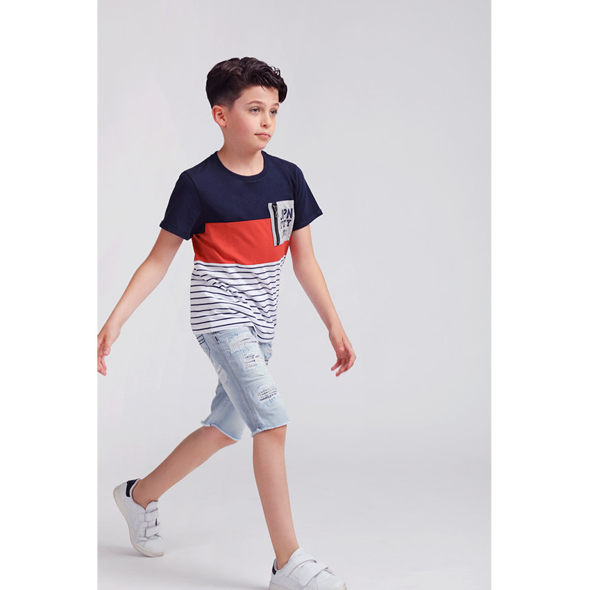 Παιδικά - Κοντομάνικη μπλούζα με τσέπη με φερμουάρ και ρίγες 