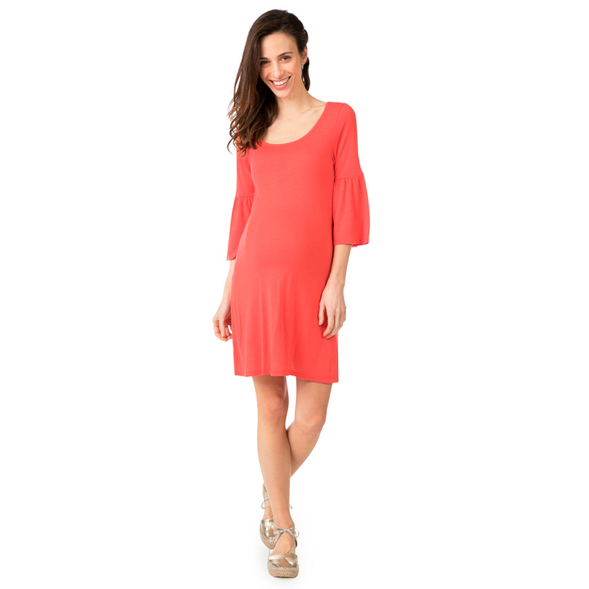 Μονόχρωμο φόρεμα εγκυμοσύνης με μανίκια 3/4 και βολάν 