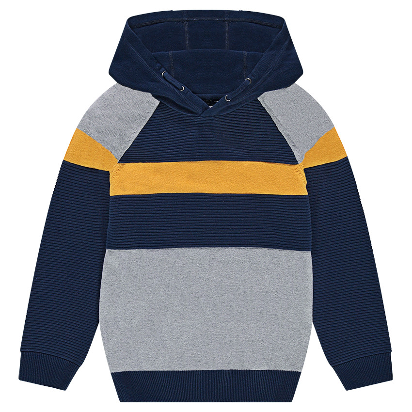 Παιδικά - Πλεκτό σε φαντεζί πλέξη με κουκούλα και λωρίδες σε αντίθεση 