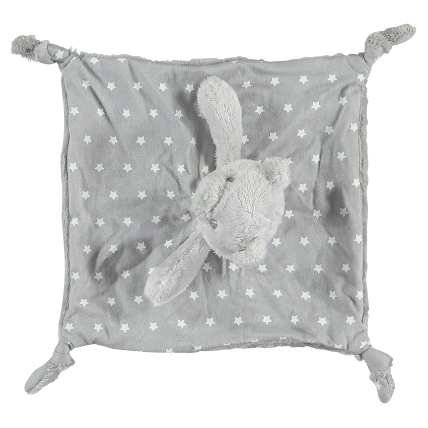 Μαλακό επίπεδο παιχνιδάκι με εμπριμέ μοτίβο αστέρια που φωσφορίζουν τη νύχτα και αρκουδάκι από συνθετική γούνα  