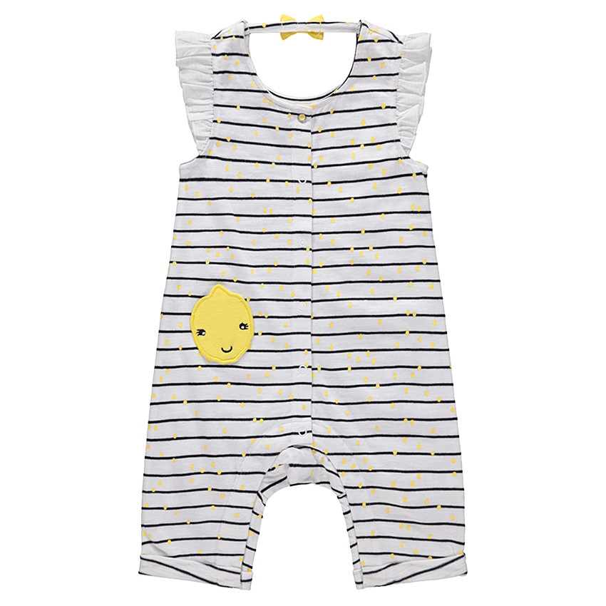 Κοντό ολόσωμο φορμάκι με ρίγες και πουά, απλικέ λεμόνι και φιόγκο στην πλάτη 