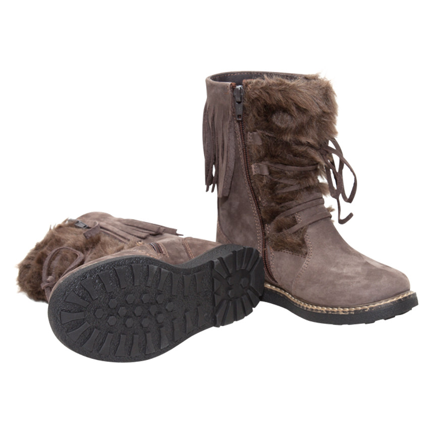 Δερμάτινα μποτάκια με δέσιμο, συνθετική γούνα και κρόσσια 