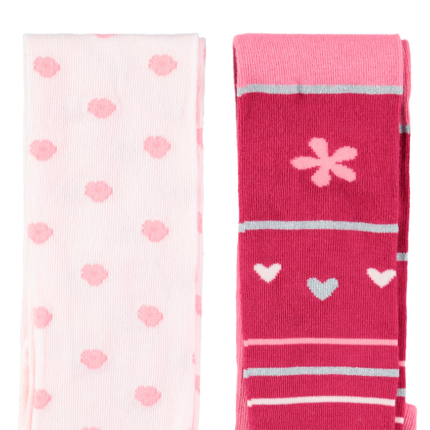 Σετ 2 χοντρά καλσόν με ζακάρ μοτίβα πουά/καρδιές  