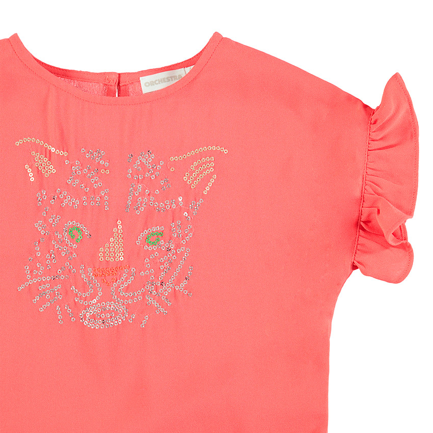 Κοντομάνικη βουάλ μπλούζα με τίγρη και στρας 