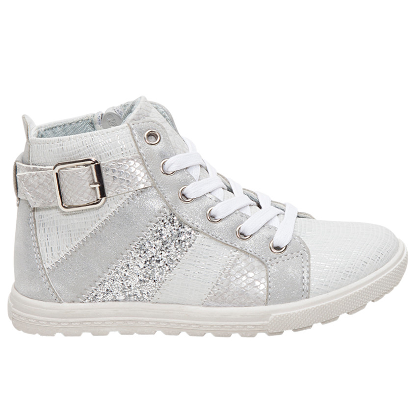 Ασημί μποτάκια με κορδόνια και φερμουάρ με διακοσμητική αγκράφα σε νούμερα από 24 έως 27 